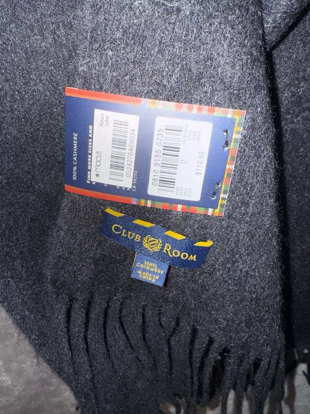 Club Room 100% Cashmere Charcoal Grey Fringed Scarf